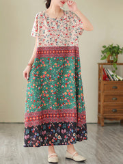 Summer cotton and linen women's national style color contrast stitching V-neck robe loose large size women's short-sleeved dress female