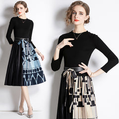Han Caixi 2023 European and American cross-border women's clothing autumn and winter new fashion printed splicing dress pleated skirt for wome