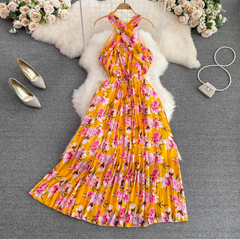 فستان شاطئ لقضاء العطلات على شاطئ البحر بحمالات من الشيفون الزهري، فستان أنيق بخصر تنحيف بدون أكمام، فستان كبير