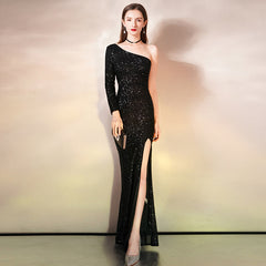 Ladies long one-shoulder sequin evening dress fashion sexy split party dress slim mermaid dress