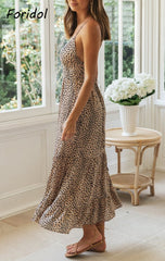 Foridol فستان صيفي أنيق بدون ظهر برباط ملابس نسائية بدون أكمام فستان شاطئ طويل بنقشة الفهد فستان نسائي طويل فيستدو فيمينينو