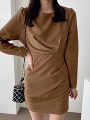 VONDA Elegant Mini Dress Autumn Casual O-Neck Women Party Dresses Zipper Pleated Long Puff Sleeve Short Vestidos Robe Femme