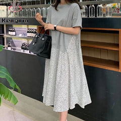 2023 summer new large size women's short-sleeved T-shirt splicing dot printing dress round neck fake two-piece long skirt