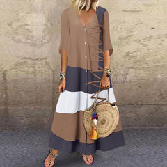 ZANZEA ladies European and American style contrast stitching design V-neck buttoned long-sleeved shirt dress Fashion trend elegant and ankle skirt loose spring and summer daily casual bohemian vacation style shirt dress large size