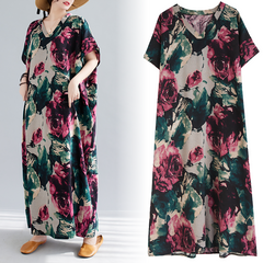 2023 women's summer new cotton and linen dress with large flowers stitching V-neck cotton and linen comfortable robe plus size dress