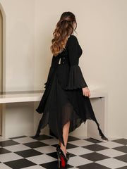 Black Chiffon Elegant Diamond Tassel Neck Irregular Skirt Dress