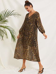 ZANZEA ladies retro leopard print dress spring and autumn new style sexy V-neck long-sleeved high-waist ankle skirt party boho style large size beach skirt Europe and America