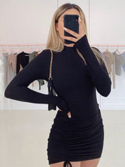 Long Sleeve Ruched Bodycon Dress Women Turtleneck Bandage Mini Dresses Autumn Black Skinny Stretchy Party Vestidos