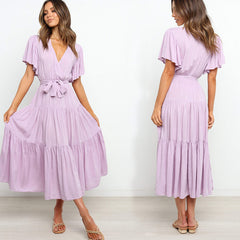 Ruffle Long Beach Dress Women Summer Floral Print Boho Maxi Dress With Belt Belt Women A-Line Butterfly Short Sleeve Party Dress