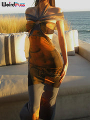 Weird Puss Colorful Print Women Maxi Dress Halter Hollow Sleeveless Slash Neck Elegant Summer Vacation Party Bodycon Vestidos