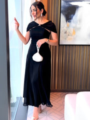 Black Elegant Waisted Chiffon Dress