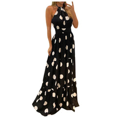 Women's Boho Summer New Halter Neck Sleeveless Backless Flower Print Loose Pleated Party Dress