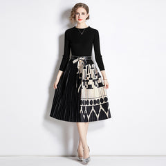 Han Caixi 2023 European and American cross-border women's clothing autumn and winter new fashion printed splicing dress pleated skirt for wome