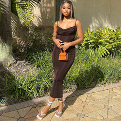 Elegant Draped Maxi Dress Summer Outfits for Women Gown Club Party Sleeveless Spaghetti Strap Dresses Bodycon