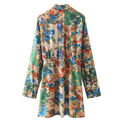 فساتين نسائية بوهو مطبوعة بالزهور فساتين صغيرة واحدة الصدر بأكمام طويلة فستان على شكل حرف A للسيدات فستان بياقة مقلوبة غير رسمي