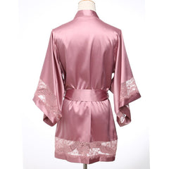 Women Robe Sleepwear Solid V-neck Wide Sleeve Above Knee Sleepdress Cuffs and Hem Decorate with Fine Lace Lingerie Women