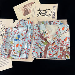 Women's autumn spring full of pastoral style ice and snow silk pajamas long-sleeved silky home clothing set