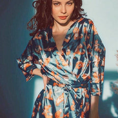 European and American bathrobe silk women's home sleep pajamas fox print micro-bomb home clothes