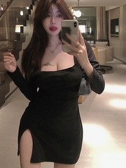 Autumn Split Bodycon Dress Elegant Square Neck Ribbed Black Dress Female Knitted Side Long Sleeve Fashion Mini Dresses Basic