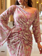Elegant Gold Print Nipped Waist Chiffon Dress