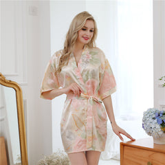 Flower Print sleepwear robe Casual Women Satin Sleepwear Kimono Bathrobe Gown Soft Nightdress Silky Home Colthes Cardigan Nightgown Bathrobe