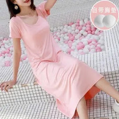 Pajamas with chest pads, women's summer short-sleeved thin color pajamas, long over-the-knee home wear, no underwear