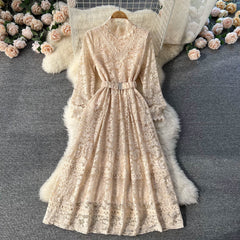 Elegant banquet round neck long-sleeved heavy lace embroidery hollow dress temperament dress