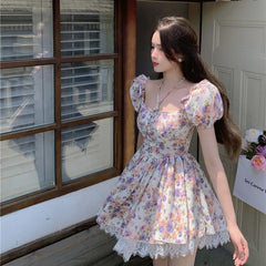 Clothing Summer Dresses Women 2022 Bodycon Women Dresses Korean Fashion Retro Flowers Sexy Women Puff Sleeve Chiffon