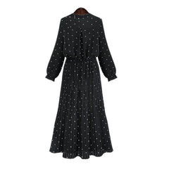 ربيع جديد فضفاض نمط النمط الأوروبي فستان منقط المرأة طباعة طويلة الأكمام السيدات فستان القوس البوهيمي الشيفون الشيفون فستان أسود المرأة رداء