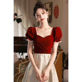 Red Little Evening Dress Skirt At Away Toast Dress Female Summer Bride Small Engagement French Puff Sleeves