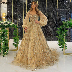 New golden heavy beaded luxury evening dress for ladies high-end aura queen dress