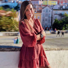 فستان شيفون نسائي صيفي مكشكش من الدانتيل فستان شاطئ صغير بوهو بأكمام ثلاثة أرباع فساتين حفلات للسيدات