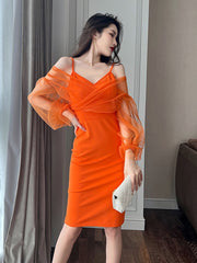 Chic Mesh Elegant Women Evening Dress Perspective Strap V-Neck Puff Sleeve Bodycon Slit Midi Robe Femme Vestidos Sexy Mujer Gown