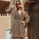 Aachoae Women Beach Style Summer Mini Dresses Boho V Neck Floral Print Chiffon Dress Ladies A Line Long Sleeve Vintage Dress