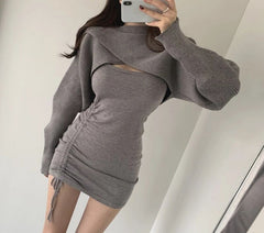 مجموعة فستان نسائي قصير مطوي بدون أكمام مع كيب Bodycon 2022 كامل الزي سترة الهانبوك