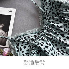 Lisacmvpnel Leopard Pattern Suspender Nightdress Women's Summer Thin Silk With Bra Lace Nightgown