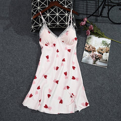 Print Sweetheart Spaghetti Strap Nightdress Sexy Side Splite Nightgown Sweet Bow Lace Trim Sleepwear Satin Casual Sleep Shirt