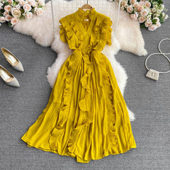 Summer luxury light luxury V-neck ruffled pleated dress elegant