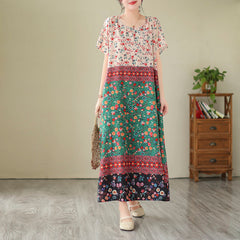 Summer cotton and linen women's national style color contrast stitching V-neck robe loose large size women's short-sleeved dress female