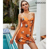 QSROCIO Summer Women's Pajamas Sleepwear Watercolor Print Sling Dress Sexy Satin Silk Like Nightwear Home Wear Nightdress