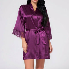 Ladies Fashion Simulation Silk Lace Patchwork Bathrobe