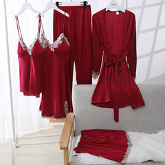 Sexy pajamas suspender nightdress spring and autumn style lace edge nightgown five-piece set home service