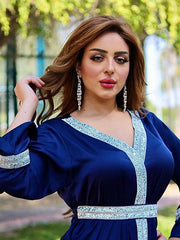 فستان نسائي حديث جديد في الشرق الأوسط لعام 2022 من الساتان الساخن الماسي الساتان الفاخر الأنيق فستان قفطان عربي متواضع موضة نسائية دبي