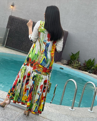shirt collar vintage print maxi dress