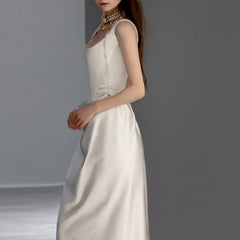 French satin light wedding dress 2023 new retro simple going out yarn small trailing suspender dress evening dress