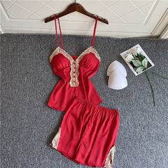 Pajamas Woman sleepwear Summer Satin Nightwear Two Piece set Suit casual Camisole and shorts set Nightgown Soft Home Clothing Lace Patchwork Homewear