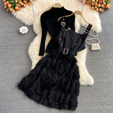 Autumn black stand-up collar tight bottoming shirt two-piece suit waisted splicing fringe suspender dress