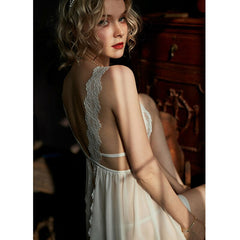 أطقم رداء Jerrinut بلون سادة ملابس نوم متشعبة ملابس نوم بدون ظهر دانتيل على شكل حرف v فستان نوم مثير دانتيل بيجامة نسائية ثوب نوم