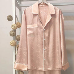 Women's comfortable and fashionable jacquard love cardigan pajamas long-sleeved home clothes silk suit