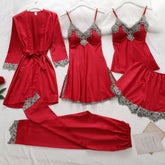 بيجامة أوروبية وأمريكية من الحرير المقلد ملابس داخلية مثيرة مكونة من خمس قطع